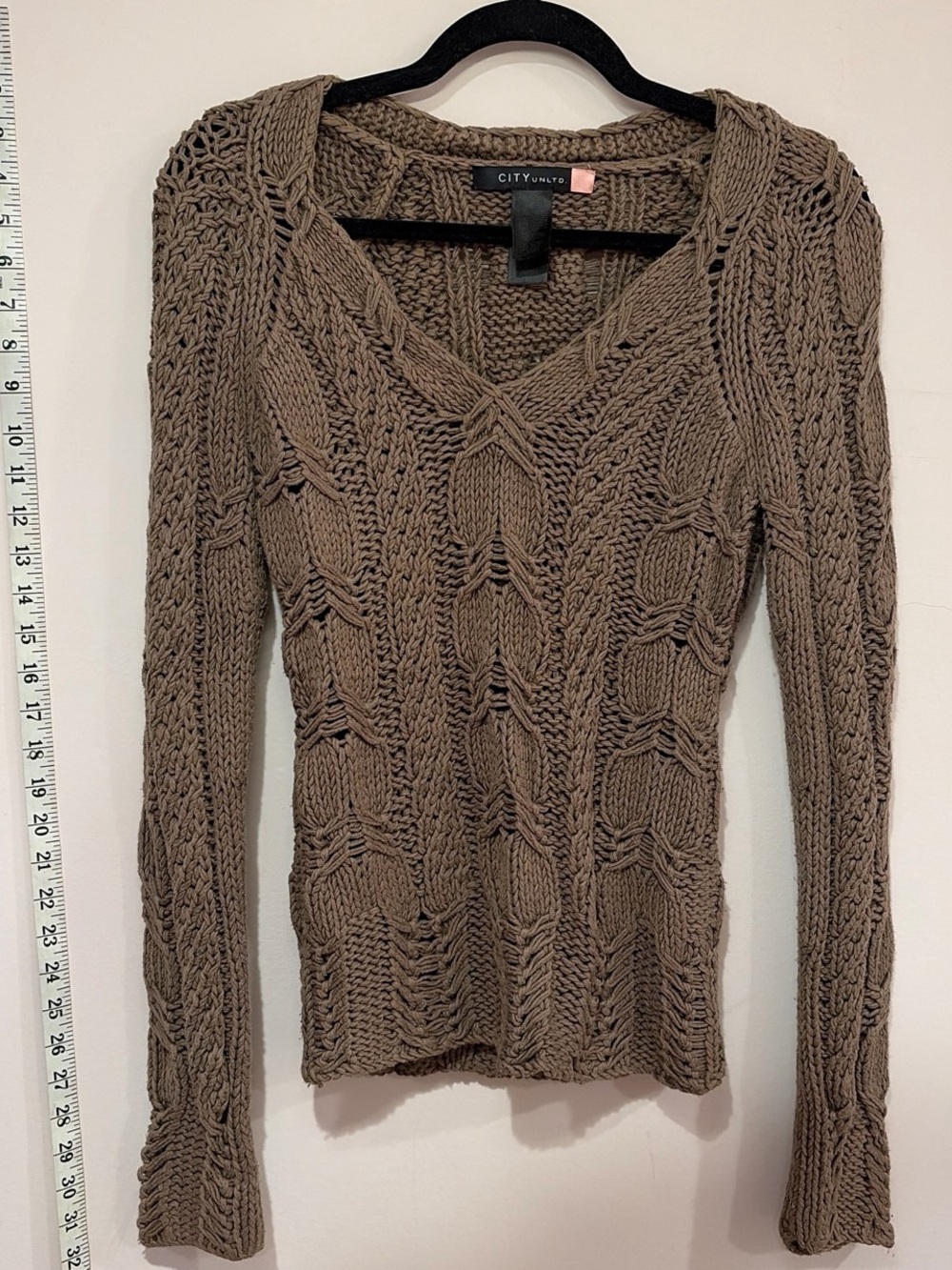 Taupe Cable-Knit V-Neck Sweater